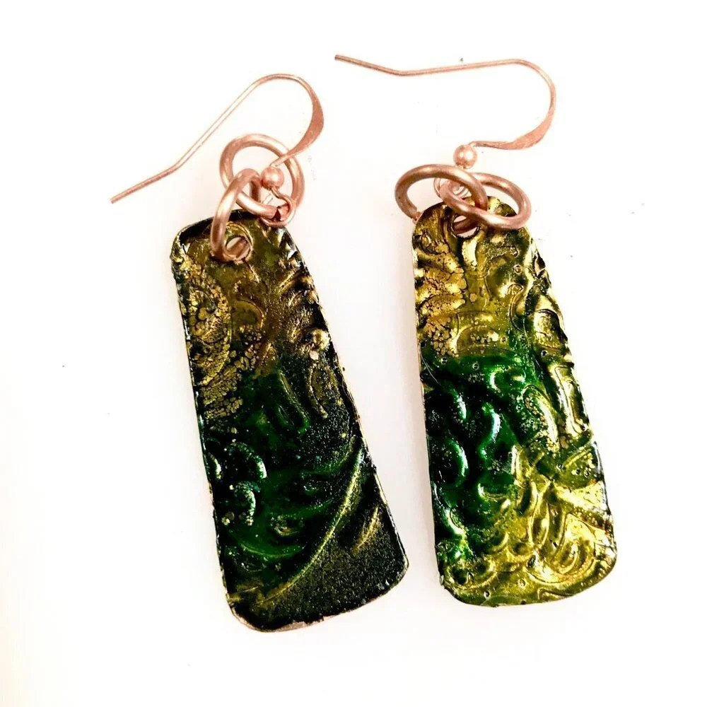 Rustic Little Green Blue Textured Solid Copper Earrings Brutalist Abstract Boho